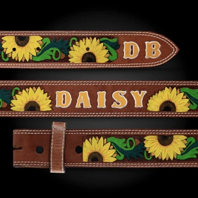 Golden Daisy custom western leather belt featuring handcrafted silver accents by Molly's Custom Silver.